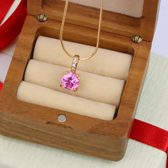 "Elegant Pink Round Pendant with Gold Plated Sparkling Bail Detail, XPPT1720 - Picture 8 of 13